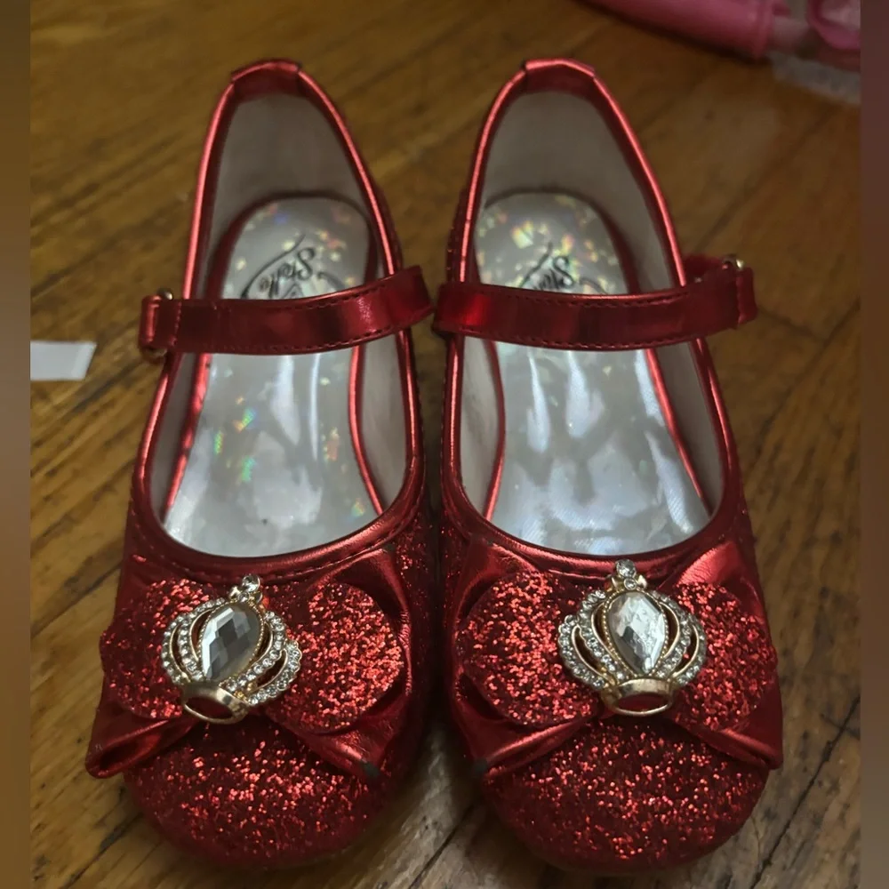 Red Glitter Princess Mary Jane Shoes with Jeweled Crowns & Bows